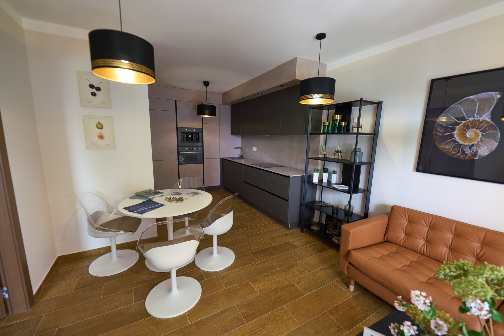 Obývací pokoj + kuchyňský kout ( kuchyň od společnosti SACHSENKUCHEN )